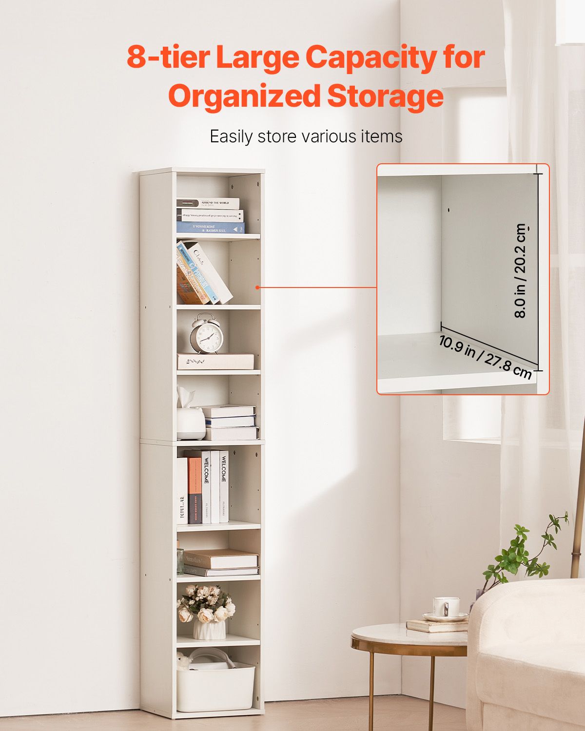 8 Tiers Narrow Bookshelf, 71 in Wooden Tall Open Bookcase with Height-Adjustable Shelf, Freestanding Display Storage Floor Bookcase Bookshelf for Library, Bedroom, Living Room, Office, White