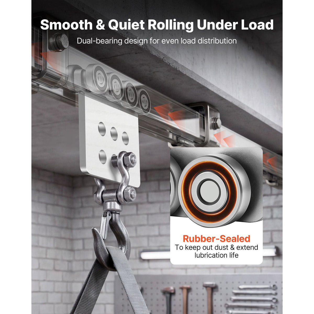 8 Wheel Trolley Assembly Rollers, 4 Pcs 3000 lbs Load, Dual Bearing Trolley Assembly for 1-5/8" Wide and All 1-5/8" or Taller Strut Channel, Heavy Duty Sliding Track System for Warehouse Garage