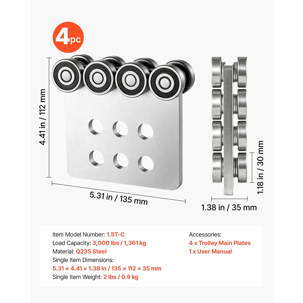 8 Wheel Trolley Assembly Rollers, 4 Pcs 3000 lbs Load, Dual Bearing Trolley Assembly for 1-5/8" Wide and All 1-5/8" or Taller Strut Channel, Heavy Duty Sliding Track System for Warehouse Garage