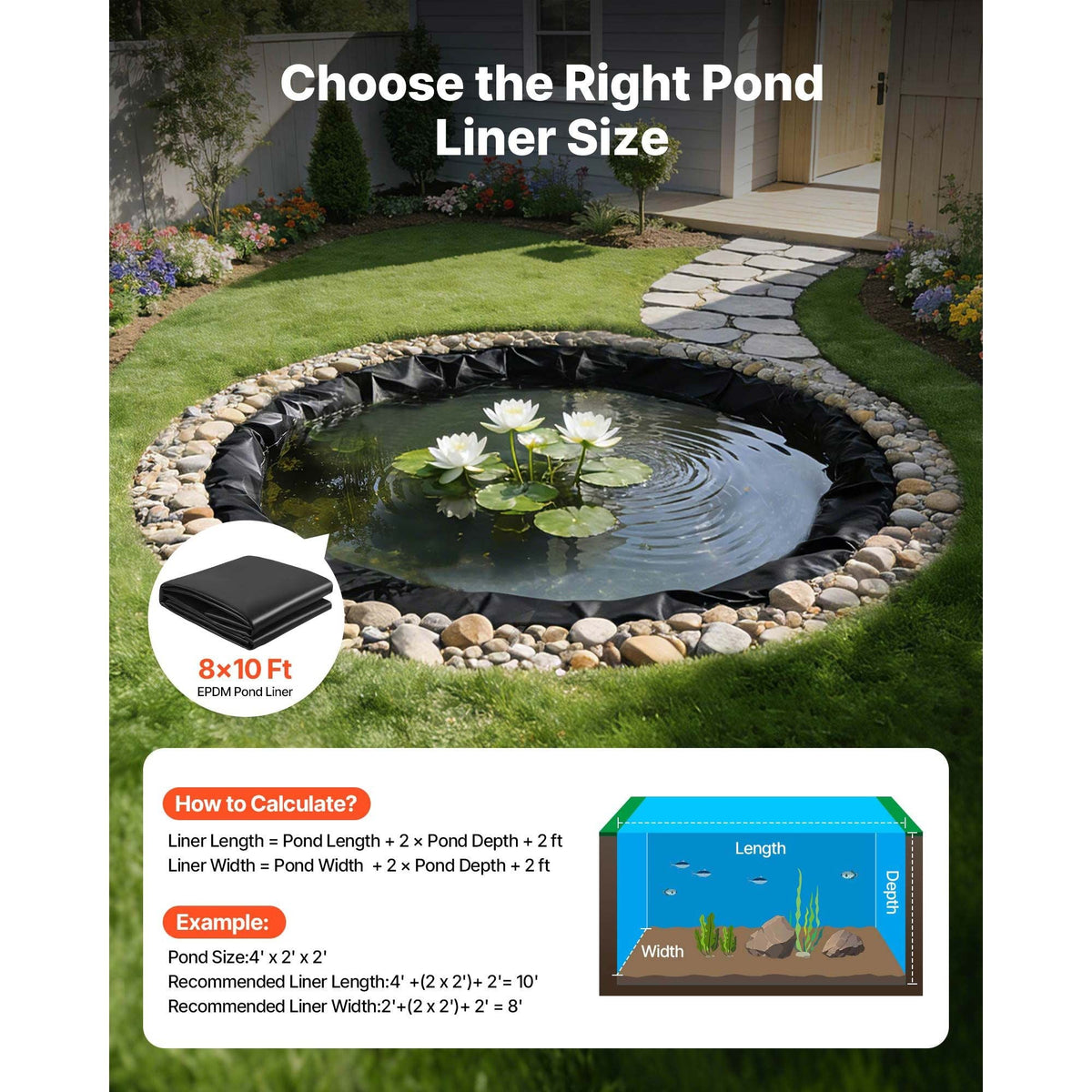 8 x 10 ft Pond Liner, 45 Mil Thickness, EPDM Rubber Material Fish Pond Liner for Outdoor Ponds, Easy to Cut, Durable & Leakproof, for Water Garden, Waterfall, Fishpond, Koi, Fountains, Black