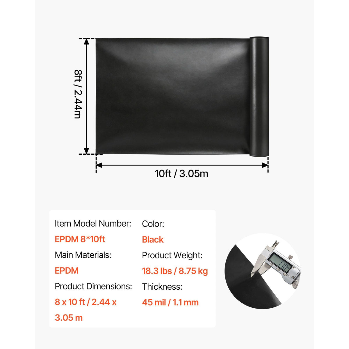 8 x 10 ft Pond Liner, 45 Mil Thickness, EPDM Rubber Material Fish Pond Liner for Outdoor Ponds, Easy to Cut, Durable & Leakproof, for Water Garden, Waterfall, Fishpond, Koi, Fountains, Black