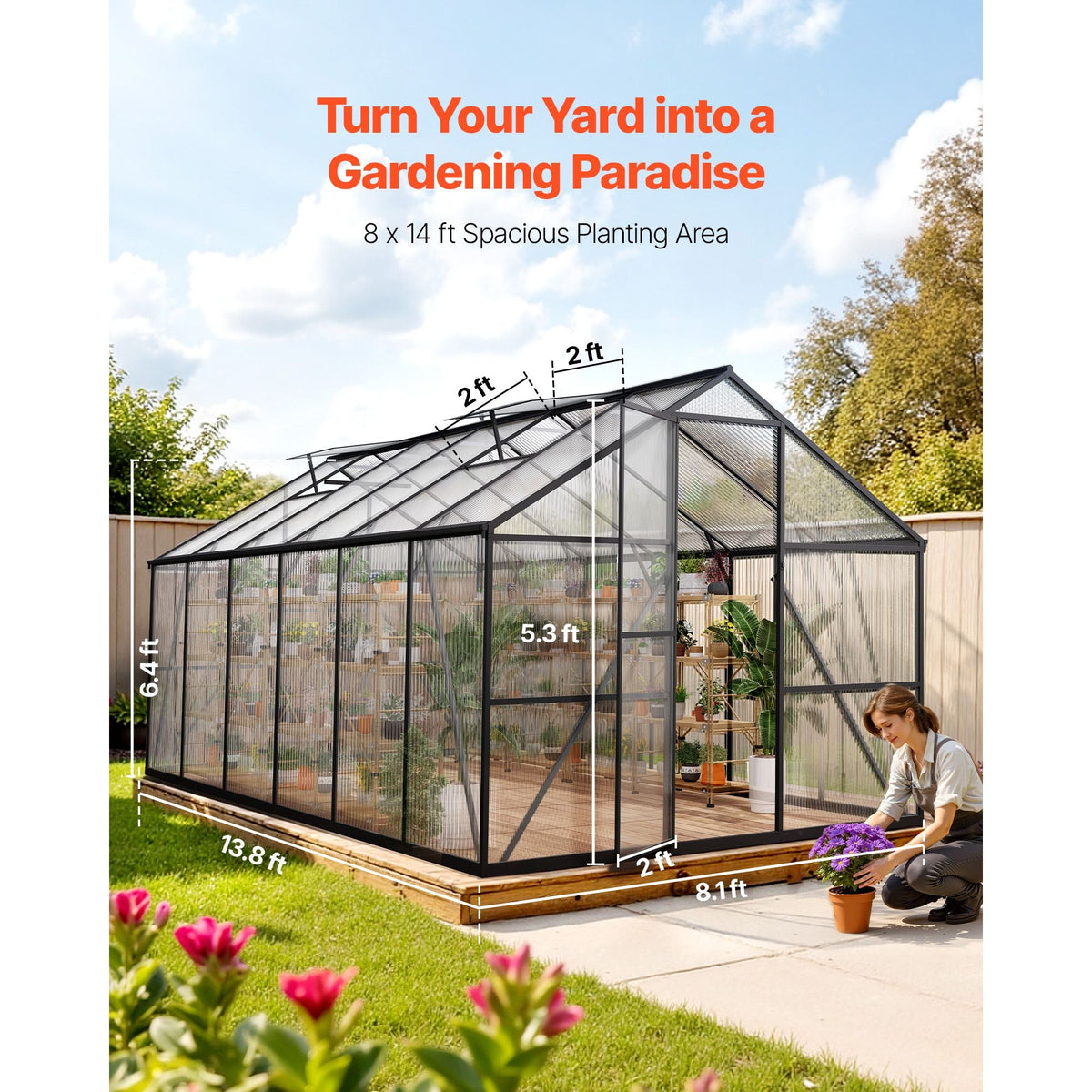 8 x 14 FT Polycarbonate Greenhouse, Heavy Duty Outdoor Green House with Adjustable Vent & Push-Pull Lockable Door, Quick Setup, Aluminum Frame Walk-in Greenhouse Sunroom for Outside Garden Lawn