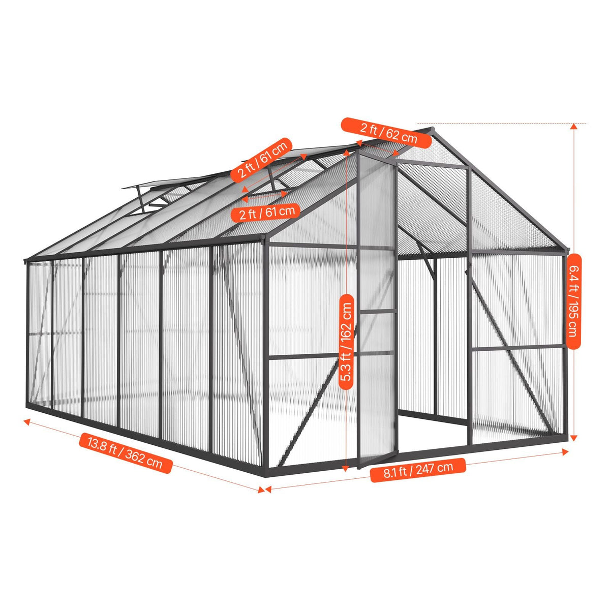 8 x 14 FT Polycarbonate Greenhouse, Heavy Duty Outdoor Green House with Adjustable Vent & Push-Pull Lockable Door, Quick Setup, Aluminum Frame Walk-in Greenhouse Sunroom for Outside Garden Lawn