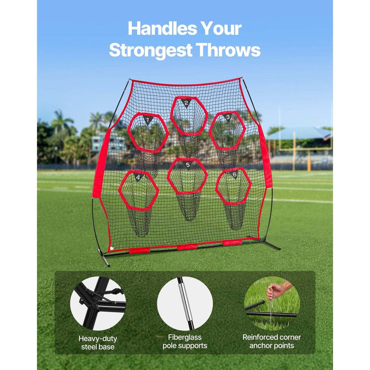 8 x 8 ft Football Trainer Throwing Net, Training Throwing Target Practice Net with 6 Target Pockets, Knotless Net Includes Straps and Portable Carry Case, Improve QB Throwing Accuracy, Red