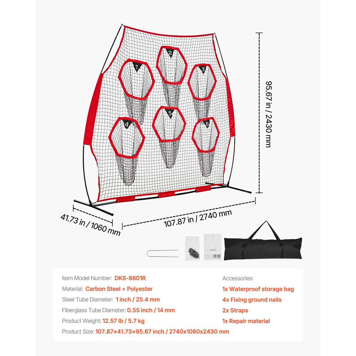 8 x 8 ft Football Trainer Throwing Net, Training Throwing Target Practice Net with 6 Target Pockets, Knotless Net Includes Straps and Portable Carry Case, Improve QB Throwing Accuracy, Red