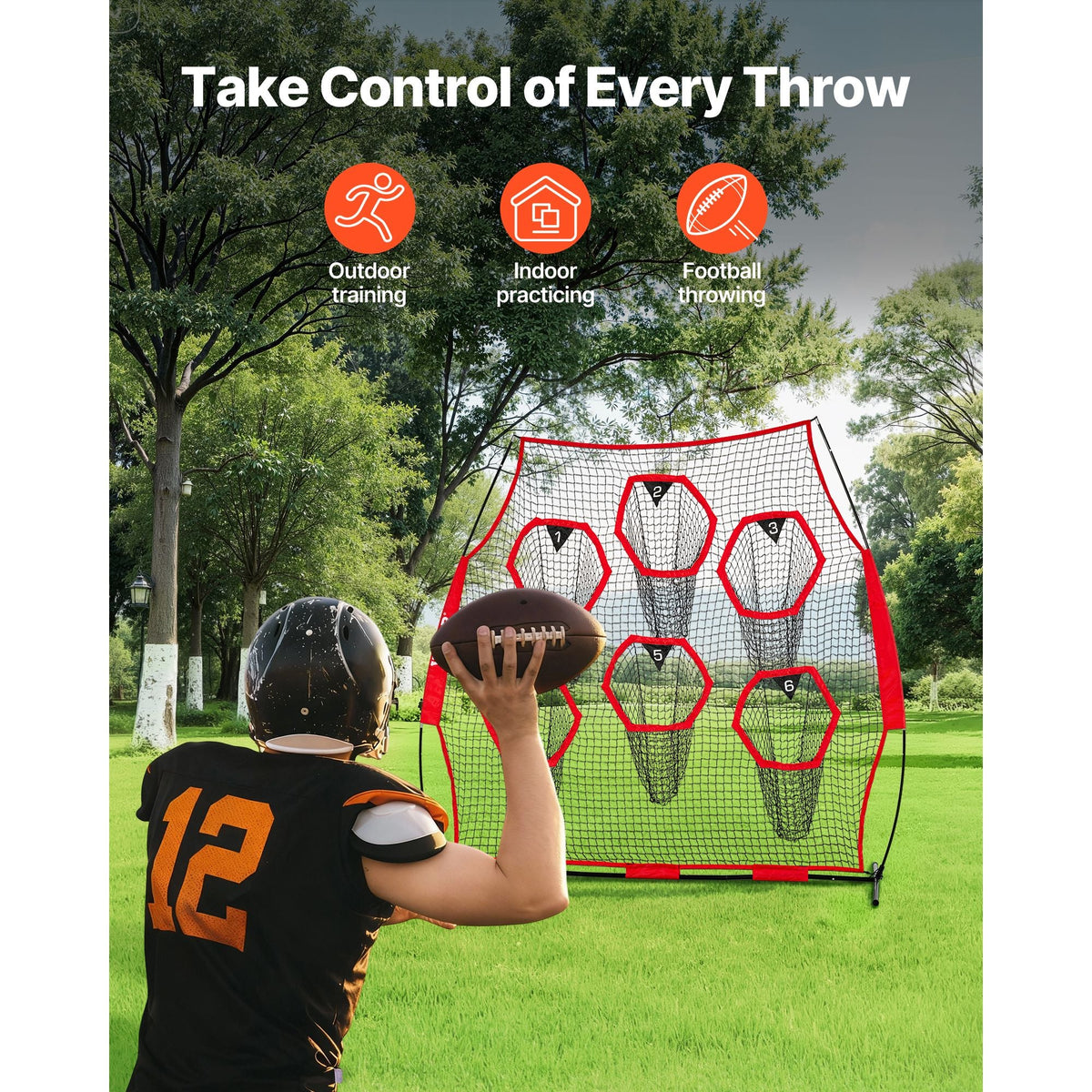 8 x 8 ft Football Trainer Throwing Net, Training Throwing Target Practice Net with 6 Target Pockets, Knotless Net Includes Straps and Portable Carry Case, Improve QB Throwing Accuracy, Red