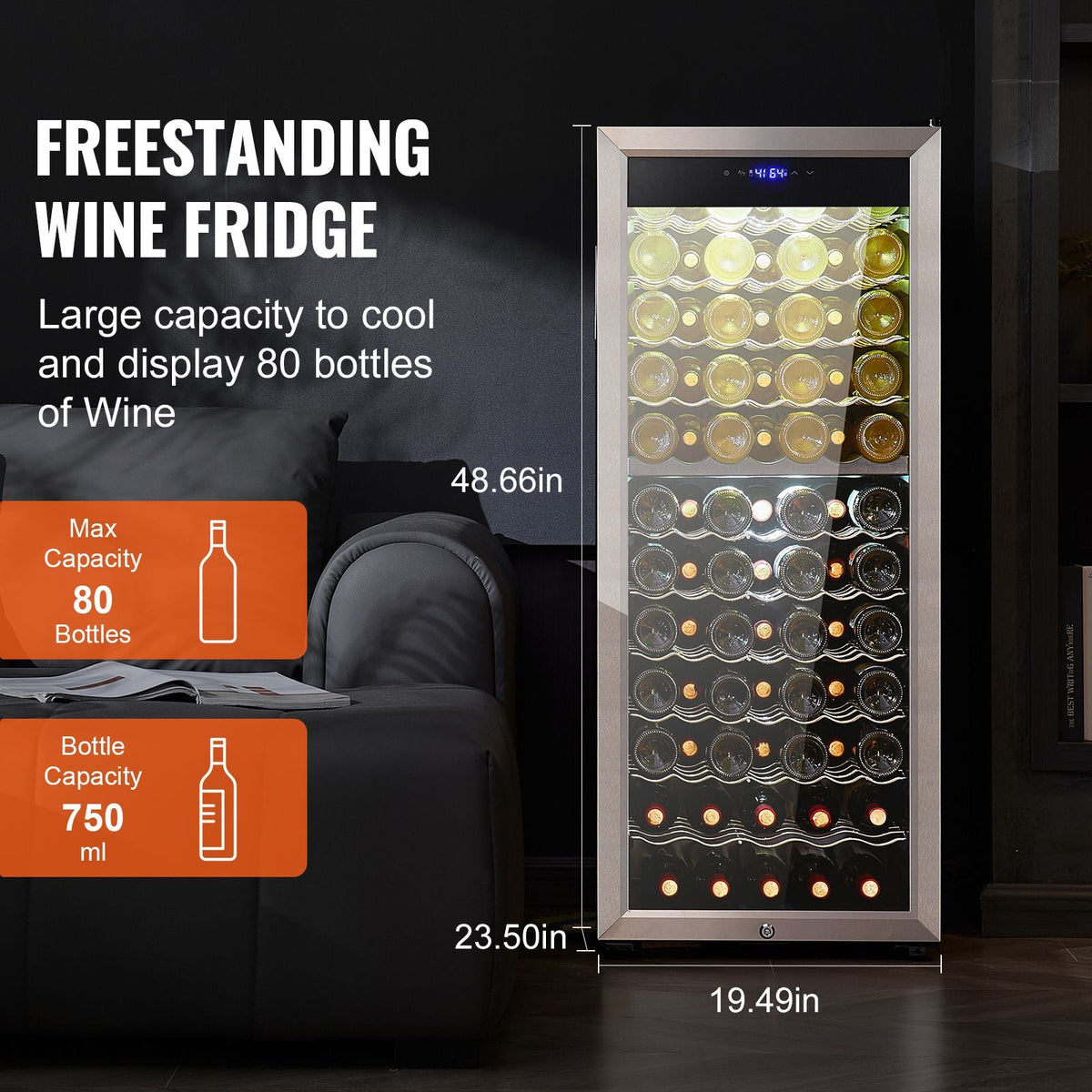 80-Bottle Wine Cooler, Dual Zone & Dual Temperature Wine Fridge, Freestanding Refrigerator with Circulating Air-cooling and Digital Control, Mirrored Glass Door with UV Protection, for Home Bar