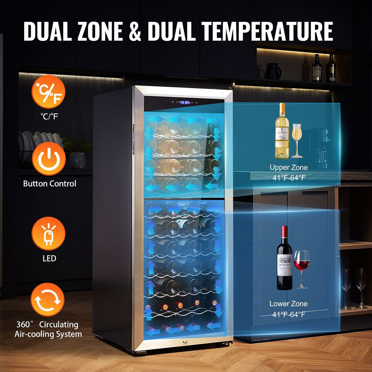 80-Bottle Wine Cooler, Dual Zone & Dual Temperature Wine Fridge, Freestanding Refrigerator with Circulating Air-cooling and Digital Control, Mirrored Glass Door with UV Protection, for Home Bar