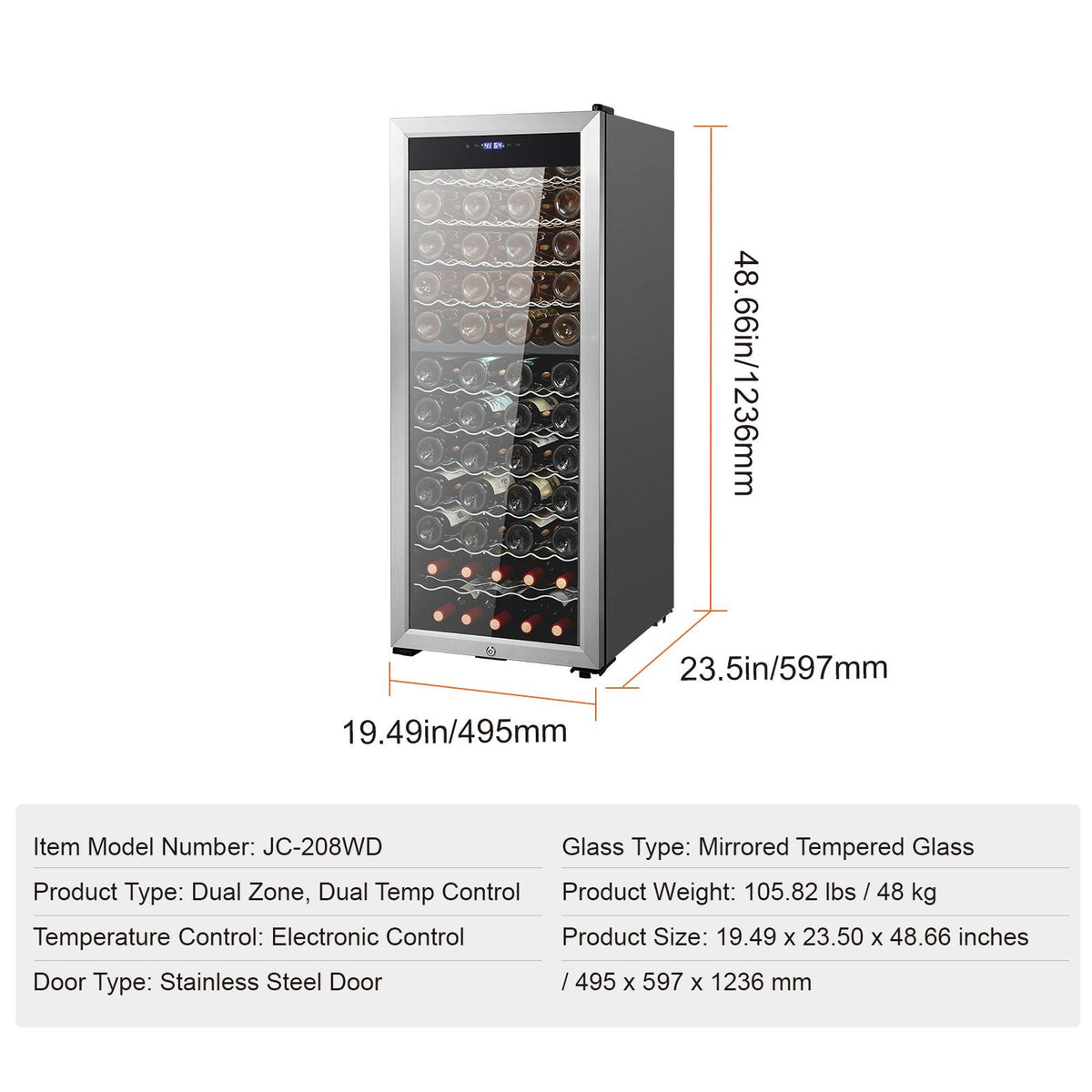 80-Bottle Wine Cooler, Dual Zone & Dual Temperature Wine Fridge, Freestanding Refrigerator with Circulating Air-cooling and Digital Control, Mirrored Glass Door with UV Protection, for Home Bar