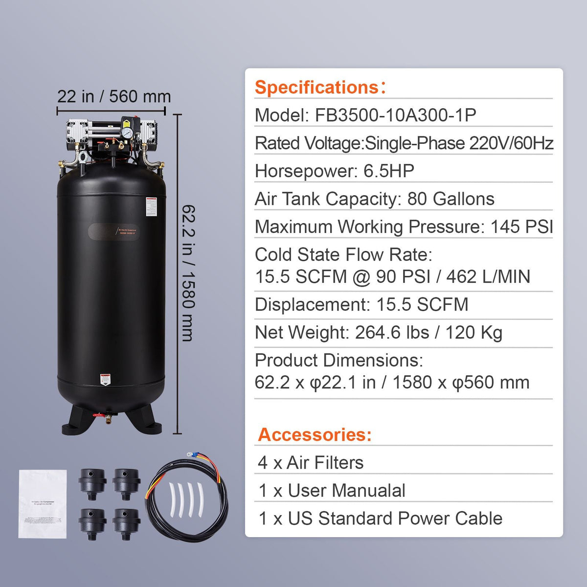 80 Gallon Air Compressor, 6.5HP 15.5SCFM@90 PSI, 145PSI Oil Free Stationary Air Compressor Tank, 86dB Ultra Quiet Compressor for Industrial Manufacturing, Construction Sites, Auto Repair