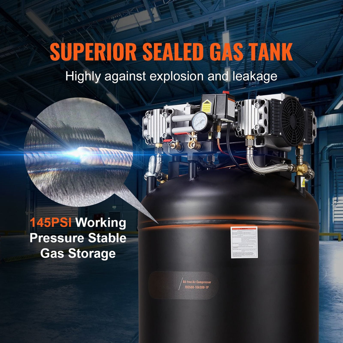 80 Gallon Air Compressor, 6.5HP 15.5SCFM@90 PSI, 145PSI Oil Free Stationary Air Compressor Tank, 86dB Ultra Quiet Compressor for Industrial Manufacturing, Construction Sites, Auto Repair