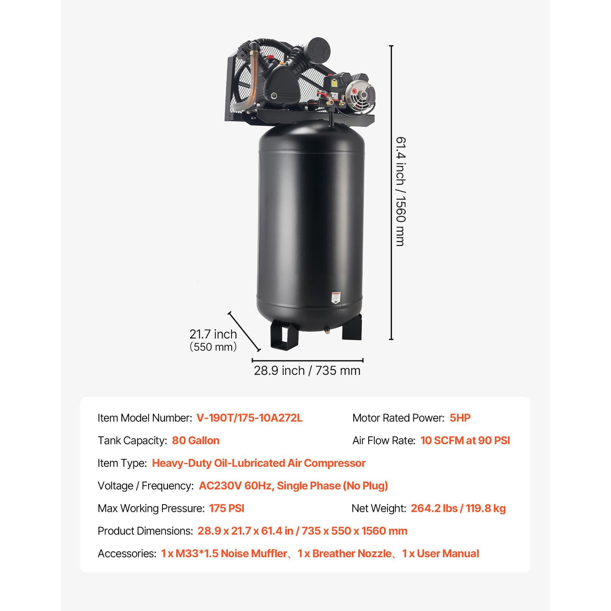 80 Gallons Heavy-Duty Air Compressor, 5HP 10 SCFM at 90PSI Air Compressors Max 175PSI Pressure, Oil-Lubricated Compressor Tank for Industrial Manufacturing, Large Workshops (230V 60Hz, No-Plug)