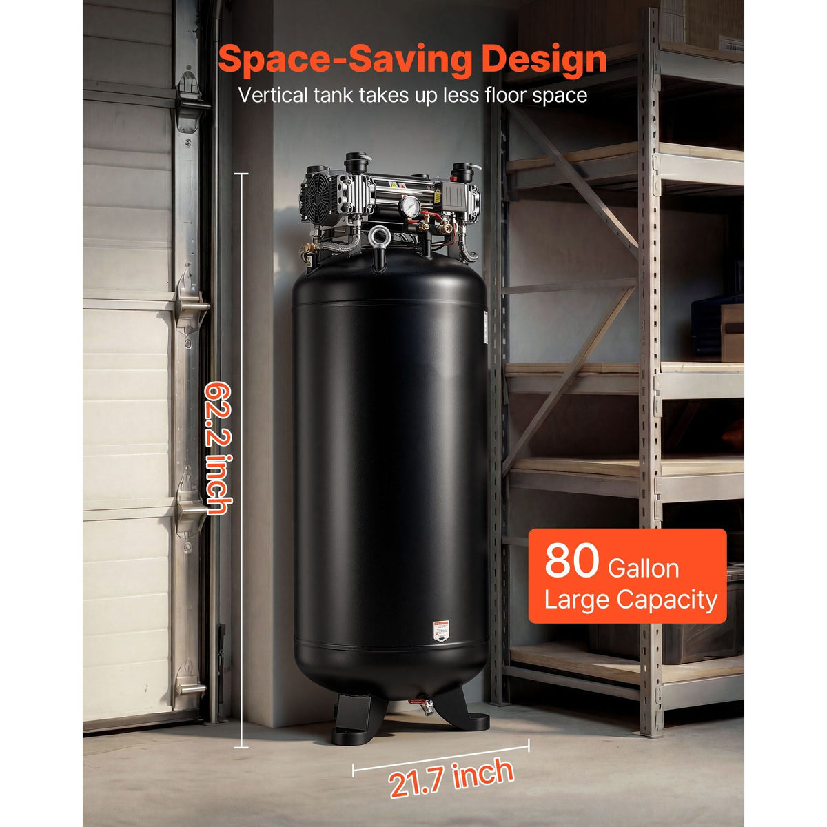 80 Gallons Heavy-Duty Air Compressor, 5HP 13.5SCFM at 90PSI Air Compressors Max 145PSI Pressure, Oil-Free Compressor Tank for Industrial Manufacturing, Large Workshops (230V 3-Phase, No Plug)