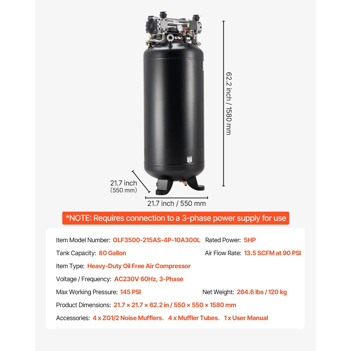 80 Gallons Heavy-Duty Air Compressor, 5HP 13.5SCFM at 90PSI Air Compressors Max 145PSI Pressure, Oil-Free Compressor Tank for Industrial Manufacturing, Large Workshops (230V 3-Phase, No Plug)