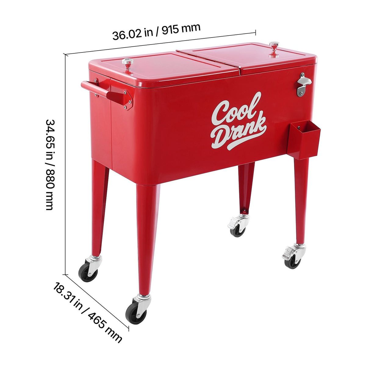80 Quart Rolling Ice Chest, Holds up to 50 Bottles / 110 Cans, Portable Patio Party Bar Drink Cooler Cart with 4 Swivel Casters (2 with Brakes), Beverage Cooler Trolley with Bottle Opener, Red