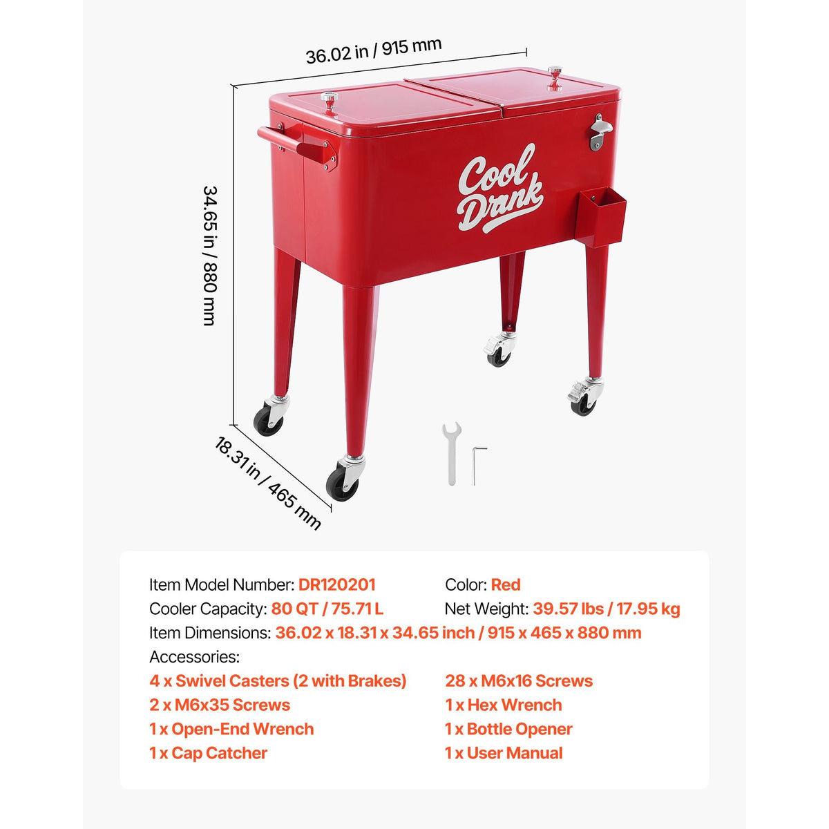 80 Quart Rolling Ice Chest, Holds up to 50 Bottles / 110 Cans, Portable Patio Party Bar Drink Cooler Cart with 4 Swivel Casters (2 with Brakes), Beverage Cooler Trolley with Bottle Opener, Red