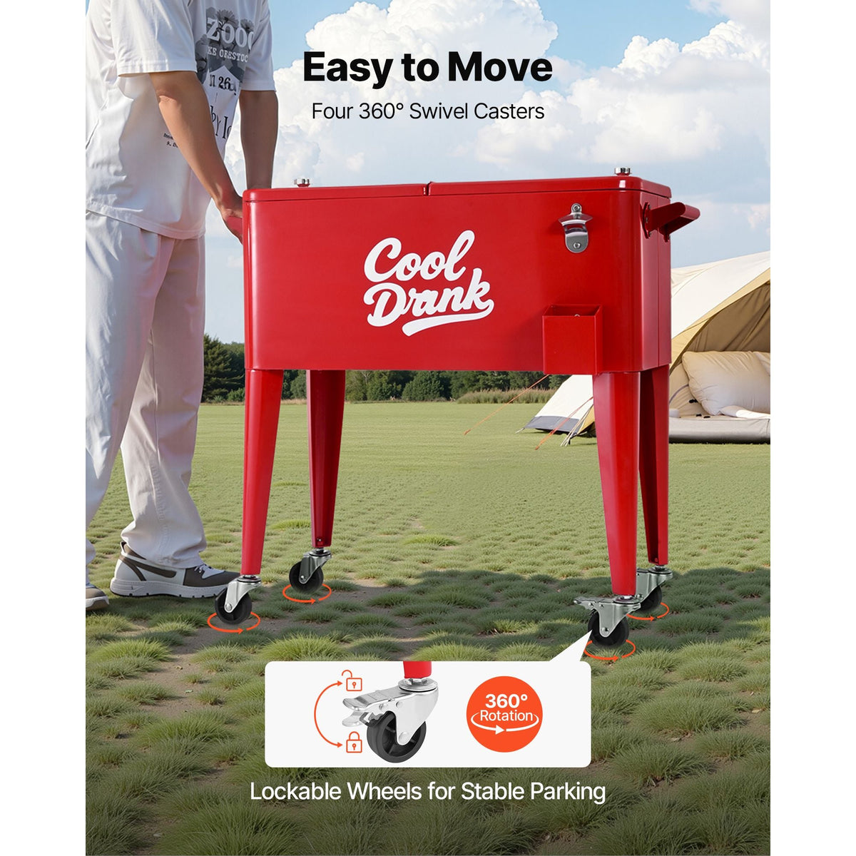 80 Quart Rolling Ice Chest, Holds up to 50 Bottles / 110 Cans, Portable Patio Party Bar Drink Cooler Cart with 4 Swivel Casters (2 with Brakes), Beverage Cooler Trolley with Bottle Opener, Red