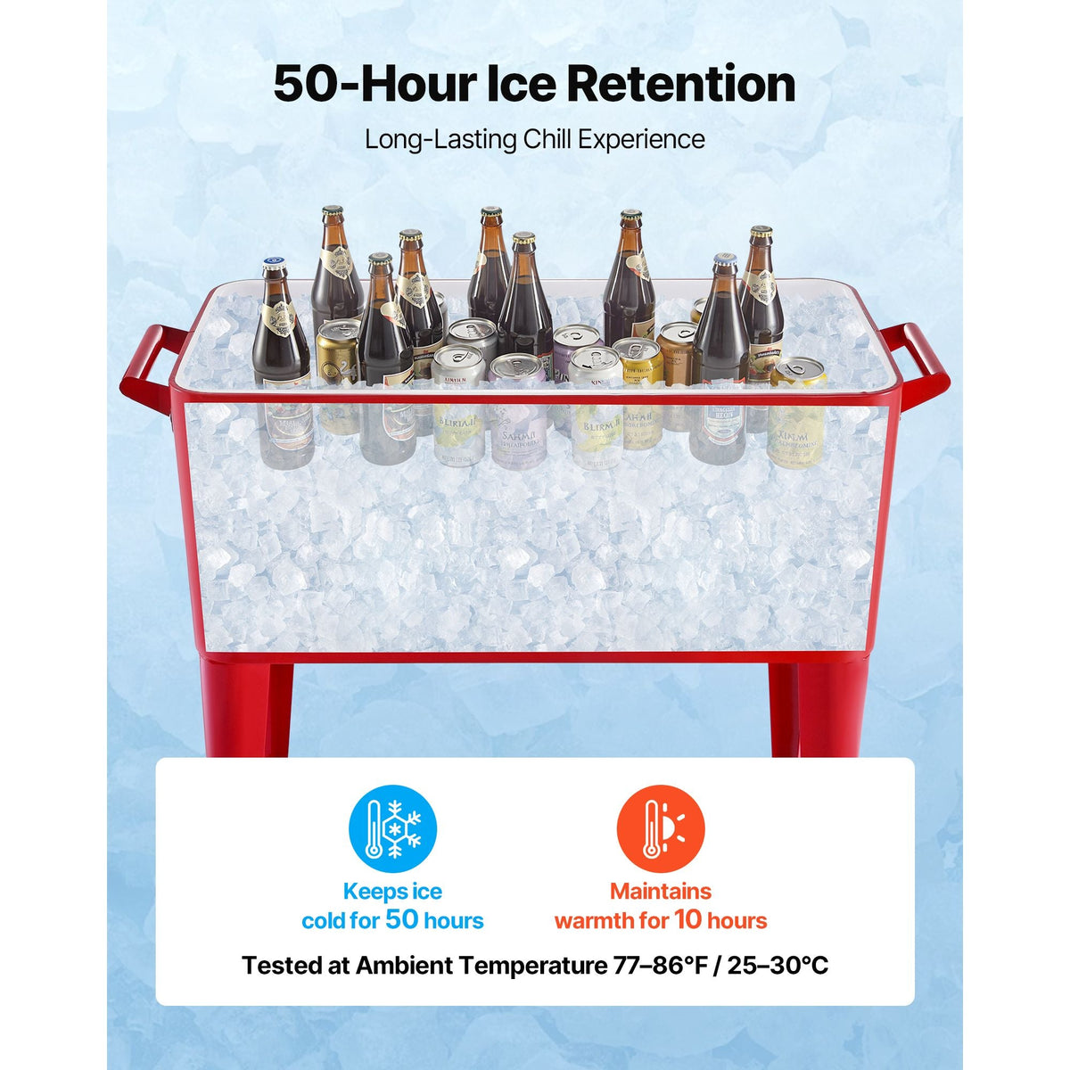 80 Quart Rolling Ice Chest, Holds up to 50 Bottles / 110 Cans, Portable Patio Party Bar Drink Cooler Cart with 4 Swivel Casters (2 with Brakes), Beverage Cooler Trolley with Bottle Opener, Red