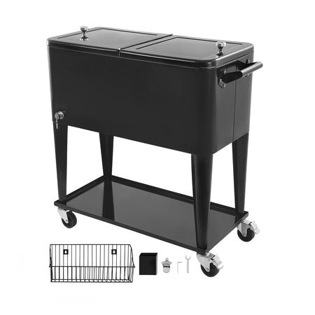 80 Quart Rolling Ice Chest, Holds up to 50 Bottles / 110 Cans, Portable Patio Party Bar Drink Cooler Cart with Bottom Shelf, Beverage Pool with Side Basket and Bottle Opener, Black