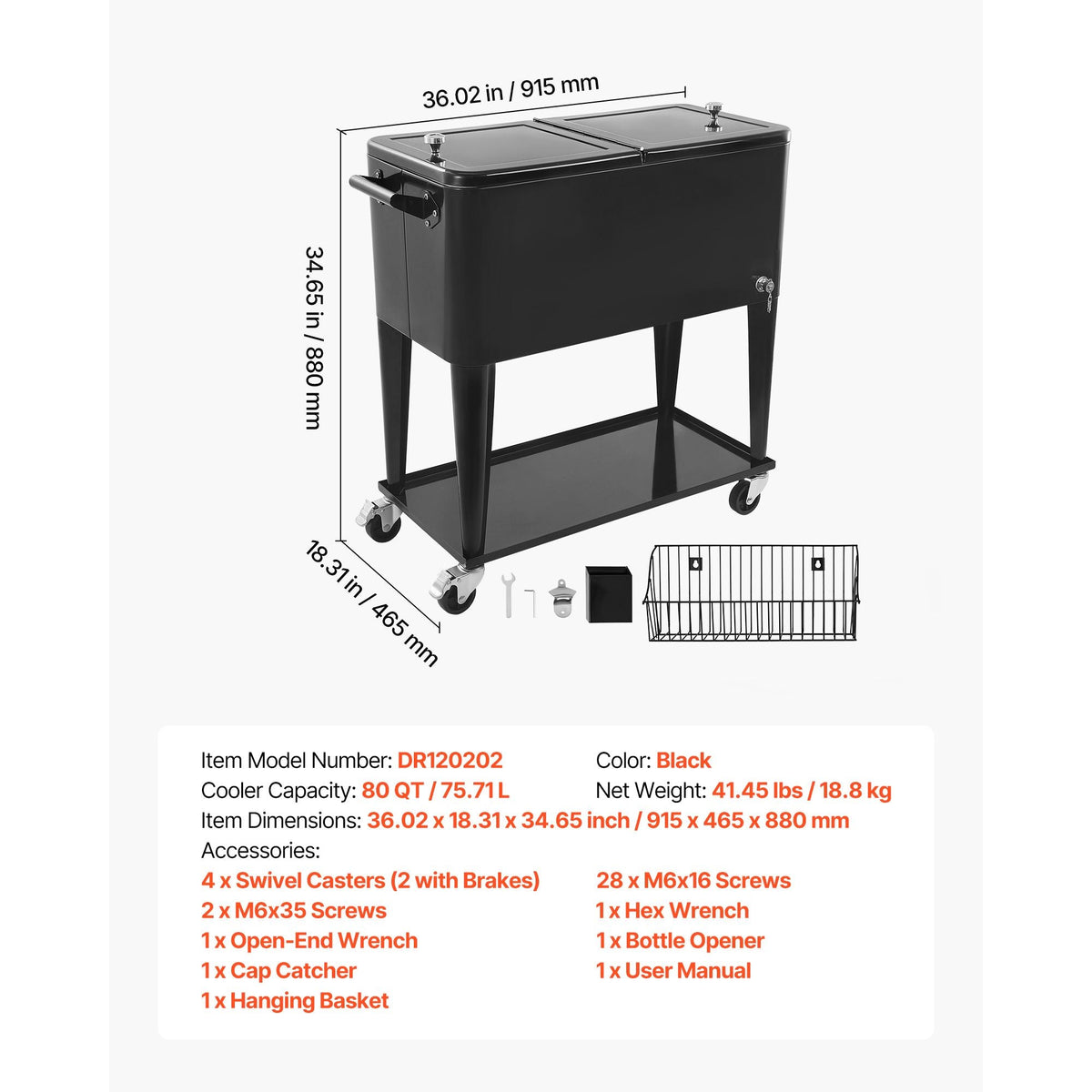 80 Quart Rolling Ice Chest, Holds up to 50 Bottles / 110 Cans, Portable Patio Party Bar Drink Cooler Cart with Bottom Shelf, Beverage Pool with Side Basket and Bottle Opener, Black