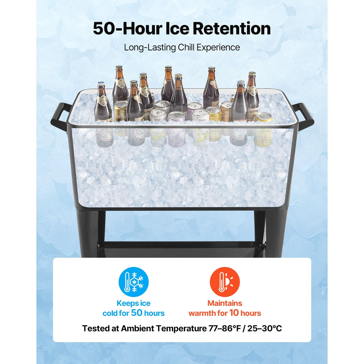 80 Quart Rolling Ice Chest, Holds up to 50 Bottles / 110 Cans, Portable Patio Party Bar Drink Cooler Cart with Bottom Shelf, Beverage Pool with Side Basket and Bottle Opener, Black