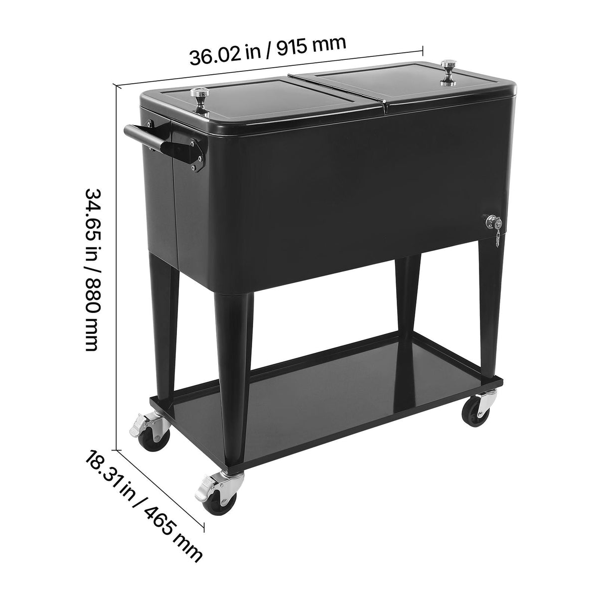 80 Quart Rolling Ice Chest, Holds up to 50 Bottles / 110 Cans, Portable Patio Party Bar Drink Cooler Cart with Bottom Shelf, Beverage Pool with Side Basket and Bottle Opener, Black