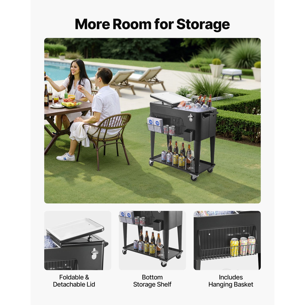 80 Quart Rolling Ice Chest, Holds up to 50 Bottles / 110 Cans, Portable Patio Party Bar Drink Cooler Cart with Bottom Shelf, Beverage Pool with Side Basket and Bottle Opener, Black