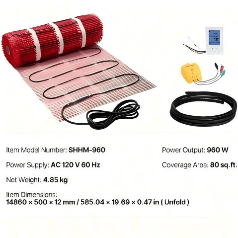 80 sqft Self-Adhesive Mesh Floor Heating Mat System, 120V Electric Radiant Heated Floor System, with Smart Control Thermostat & Alarm, Easy Installation for Tile, Stone, Vinyl