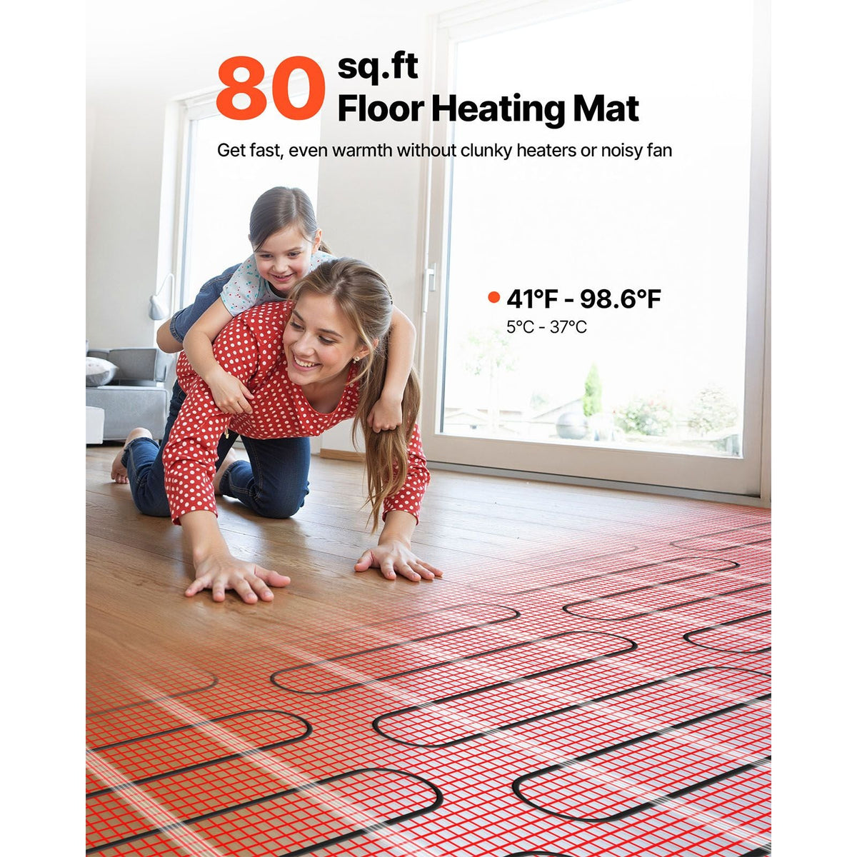 80 sqft Self-Adhesive Mesh Floor Heating Mat System, 120V Electric Radiant Heated Floor System, with Smart Control Thermostat & Alarm, Easy Installation for Tile, Stone, Vinyl