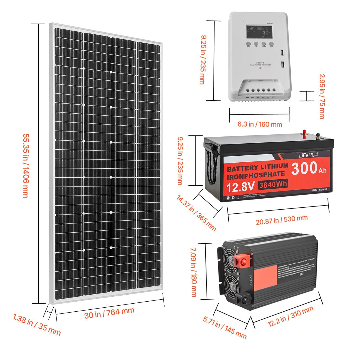 800W 12V Complete Solar Power Kit, 4*200W Monocrystalline Solar Panels + 12.8V 300Ah LiFePO4 Battery + 60A MPPT Charge Controller + 2000W Power Inverter for Home, Small Farm, Cabin, Off-Grid