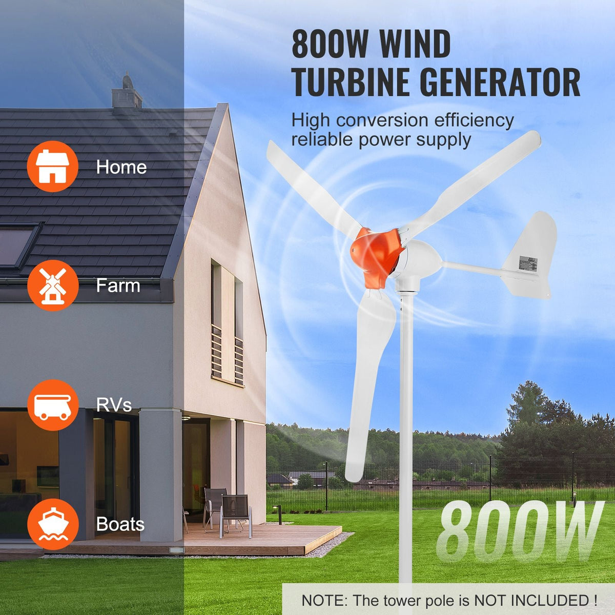 800W Wind Turbine Generator, 12V Wind Turbine Kit, 3-Blade Wind Power Generator with MPPT Controller, Adjustable Windward Direction & 2.5m/s Start Wind Speed, Suitable for Home, Farm, RVs, Boats