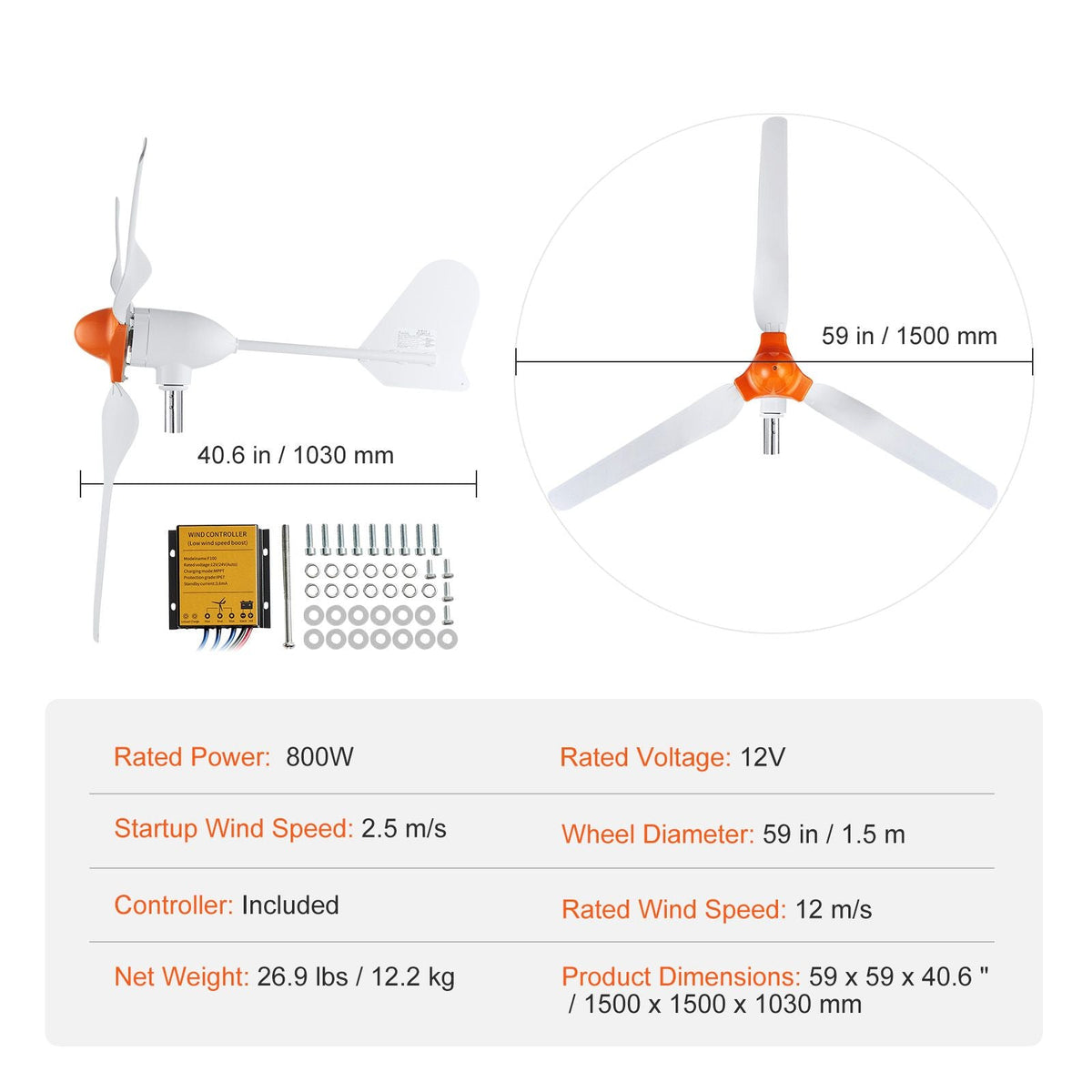 800W Wind Turbine Generator, 12V Wind Turbine Kit, 3-Blade Wind Power Generator with MPPT Controller, Adjustable Windward Direction & 2.5m/s Start Wind Speed, Suitable for Home, Farm, RVs, Boats