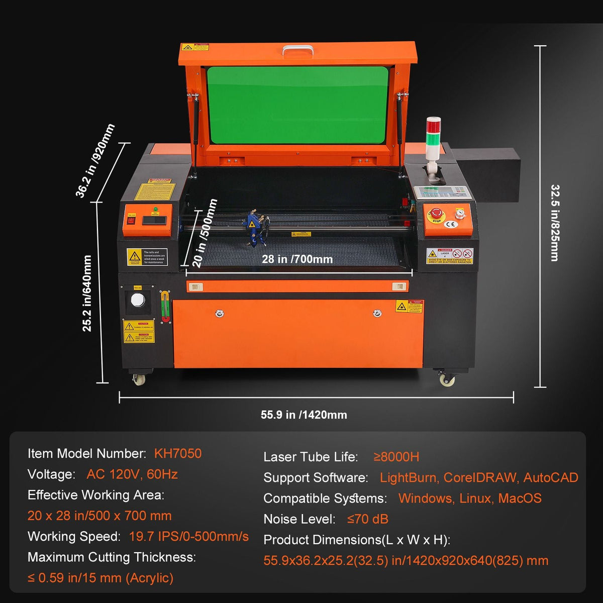 80W CO2 Laser Engraver, 20 x 28 in, 19.7 IPS Laser Cutter Machine with 2-Way Pass Air Assist, Compatible with LightBurn, CorelDRAW, AutoCAD, Windows, Mac OS, Linux, for Wood Acrylic Fabric More