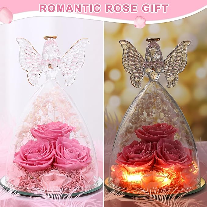 Ocosy Mothers Day Rose Gifts for her, Large Angel Rose Gifts for Women, Forever Real Roses in Angel Figurines, Angel Guardian with Roses Flower, Sweet Pink