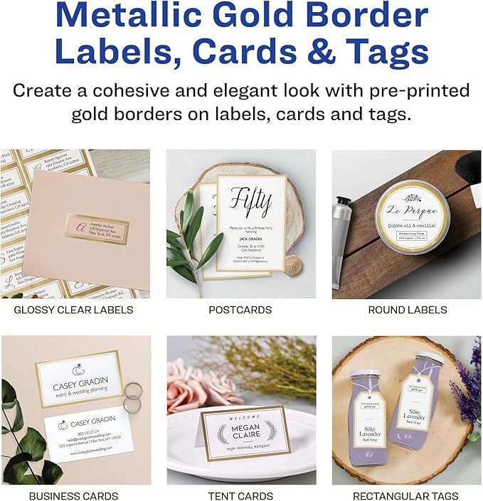 Avery Printable Glossy Clear Labels, 2" x 4" Rectangle Labels, Clear, Metallic Gold Border, Permanent Adhesive, Laser/Inkjet Printable, 60 Total (6552)