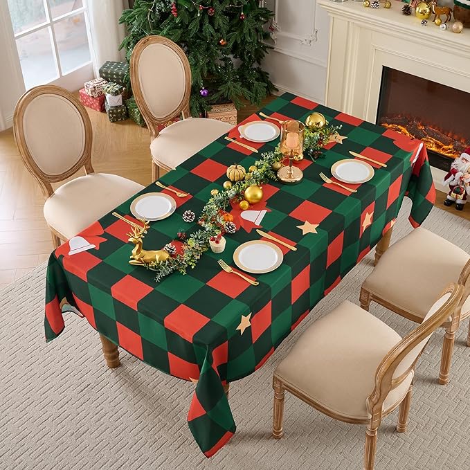 Christmas Tablecloth Rectangular 60x102 Inch Waterproof Table Cloth for 6ft, Washable Polyester Table Cover for Xmas Party, Winter Holiday Home Decoration in Festive Checkered Star 1pack
