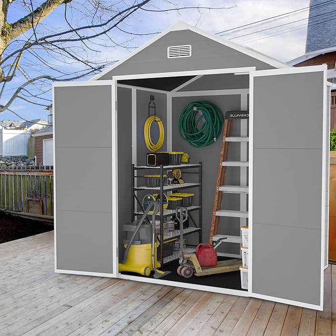 6x5 FT Outdoor Storage Resin Shed with Floor, Waterproof Plastic Garden Tool Shed with Windows, Vents & Lockable Door and Sloped Roof, Easy to Assemble Bike Shed for Patio, Backyard, Lawn, Grey