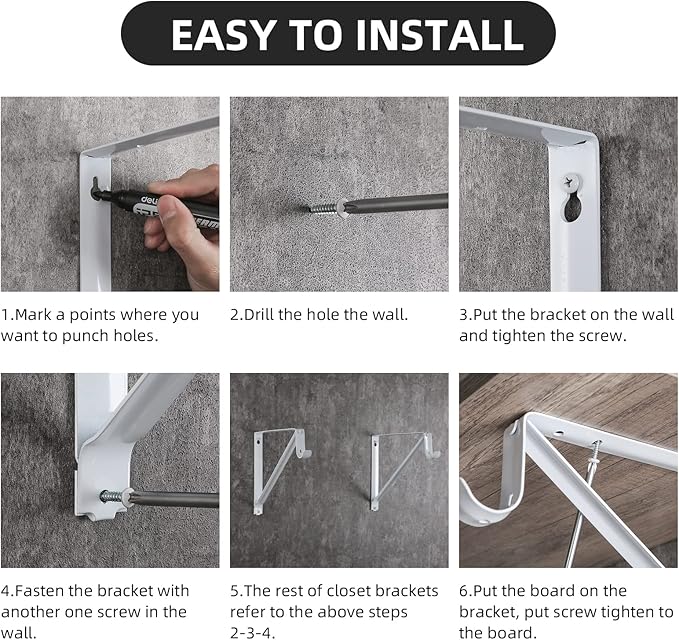 Heavy Duty Closet Rod Brackets 4 Pack, Wall Mounted Closet Shelf Bracket, 11 x 9.5 in Shelves Support Brace with Hook, White with Screws, HOME MASTER HARDWARE