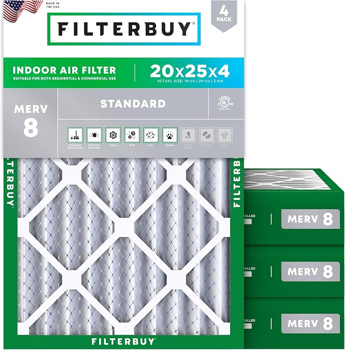 Filterbuy 20x25x4 Air Filter MERV 8 Essential Dust & Allergy Defense,