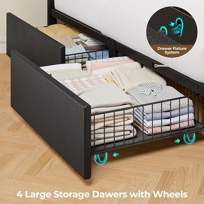 Seventable Queen Bed Frame with 4 Storage Drawers, Charging Station & LED Lights, Upholstered Headboard with 2-Tier Shelves, Metal Platform Bed, No Box Spring Needed, Noise-Free, Black