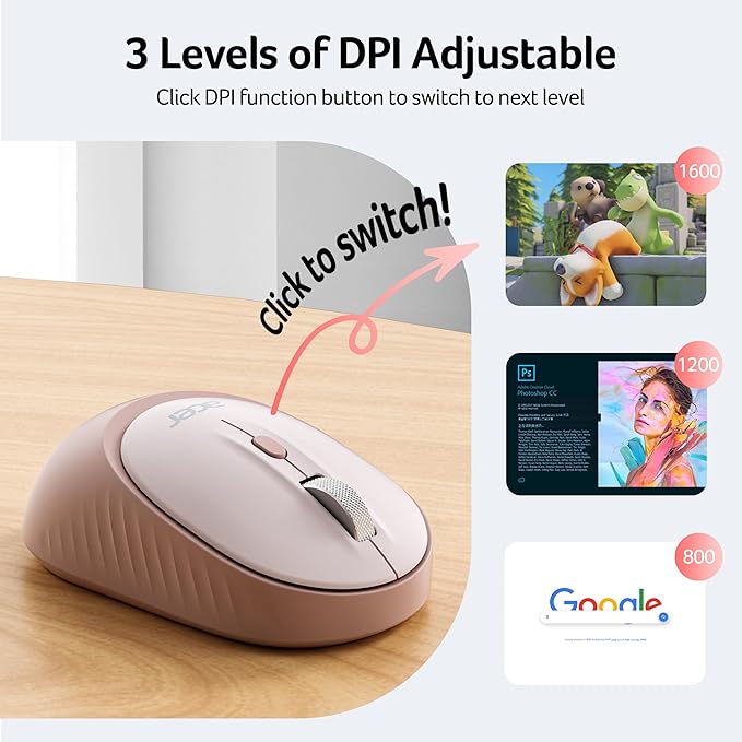 acer Bluetooth Wireless Mouse for Laptop, Computer Mouse Wireless (BT5.2+2.4GHz), Small to Medium Size, Left & Right Handed Office USB Mice with USBA Receiver, Compatible with PC, Desktop (Pink)