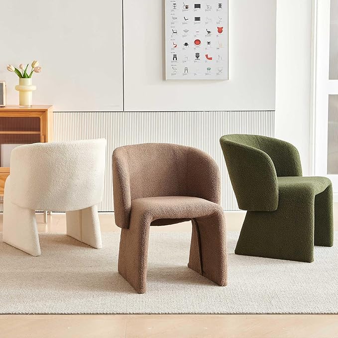 Modern Dining Chair Brown Upholstered Barrel Home Kitchen Chair with Metal Frame, Comfy Accent Chair Teddy Velvet Single Sofa Chair for Living Room,Bedroom