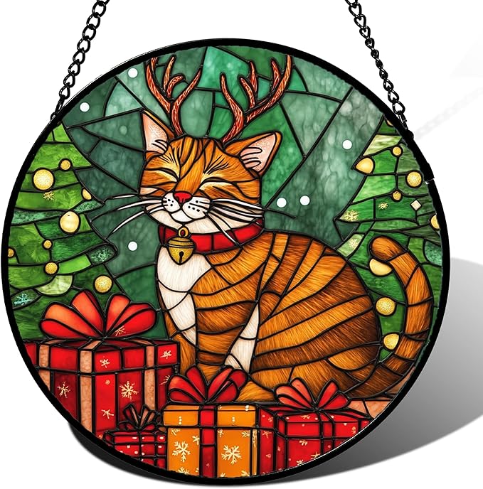 Stained Glass Window Hanging Orange Cat Elk Antler Large 11.8" - Suncatcher Door Garden Kitchen Sun Catcher Home Decor Birthday Gifts for Lost Pets Mom Men Woman Friend Grandma