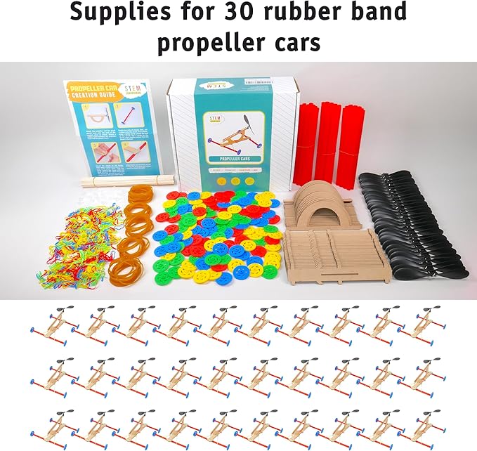 Rubber Band Propeller Car Kit (30 Pack) – DIY STEM Activity for Kids, Complete Science & Engineering Project for Kids, Classroom Bulk Set, Ages 8 and up
