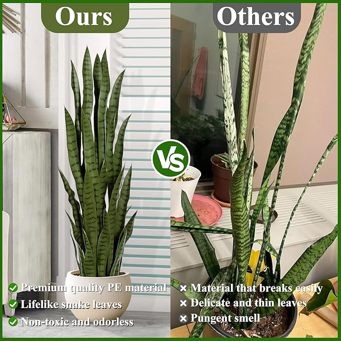 4ft Artificial Snake Plant – 46in Faux Sansevieria Plants, Fake Floor Plant for Indoor Outdoor, Front Porch Patio Home Office Decor, Mother-in-Law’s Tongue, Green 2Pcs