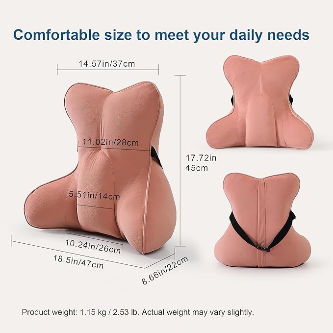 Lumbar Support Pillow(Pat. Pend) for Lower Back Pain Relief – Multi-Functional Ergonomic Lumbar Cushion, Reading Pillow for Office Chair, Car Seat & Sofa,Blush Pink