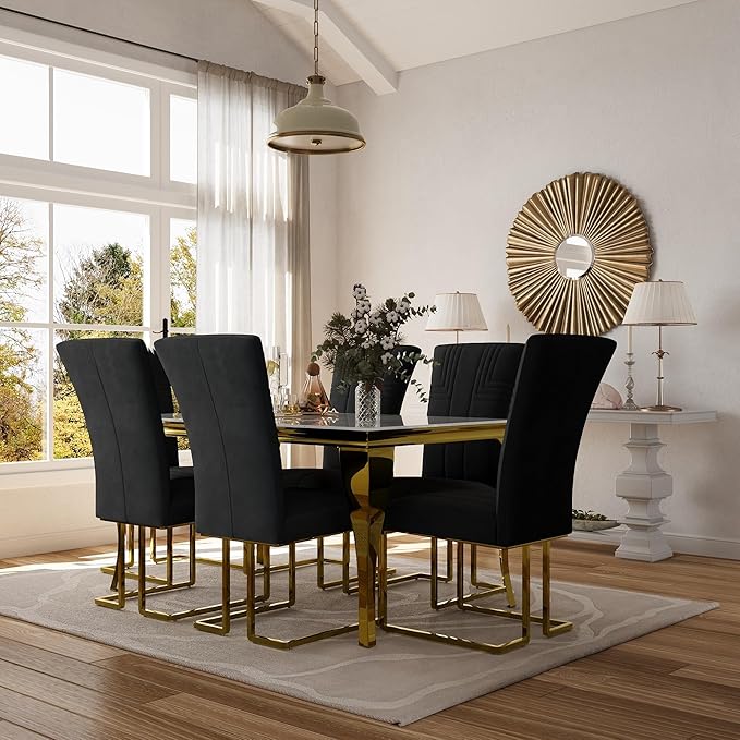 AUZ Dining Chairs, Black and Gold Velvet Upholstered Dining Room Chairs, Modern Luxury High Back Kitchen Chairs with Polished Gold Sled Legs, Set of 2