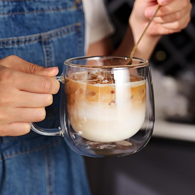 CNGLASS 16oz Double Walled Glass Coffee Mugs(2-pack),Large Clear Coffee Cups with Handle,Glass Espresso Mugs for Latte,Cappuccino,Tea
