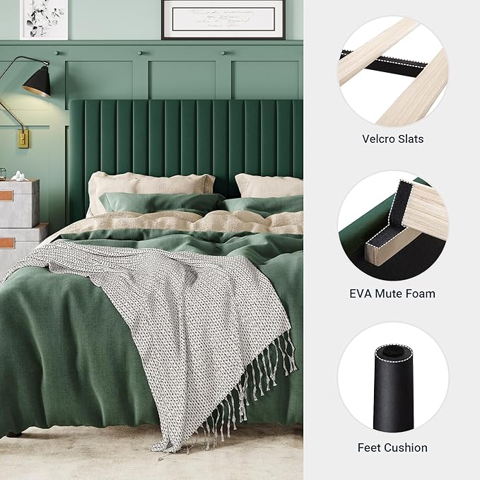 Allewie King Bed Frame, Velvet Upholstered Platform Bed with Adjustable Vertical Channel Tufted Headboard, Mattress Foundation with Strong Wooden Slats, Box Spring Optional, Easy Assembly, Green