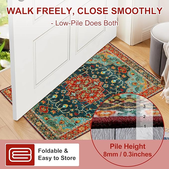 WILLSUN Washable Area Rugs, 8x10 Non-Slip Boho Large Area Rugs for Living Room, Bedroom, Machine Washable Vintage Rug, Indoor Floral Print Carpet for Home Decor, Kid & Pet Friendly Mat